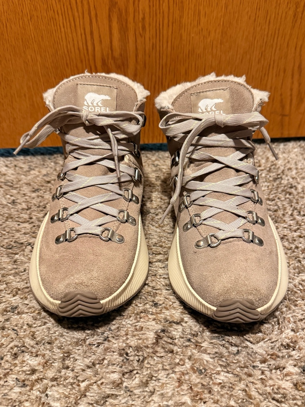 Sorel Taupe Suede Lace-Up Ankle Booties with Faux-Fur Trim